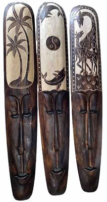 SET OF 3 40” TIKI MASK HAWAIIAN WALL ART ISLAND HOME DECOR BAR TROPICAL - Image 1 of 2
