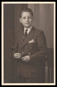 Edwardian boy vintage private photo postcard 1st communion smile bible - Picture 1 of 2