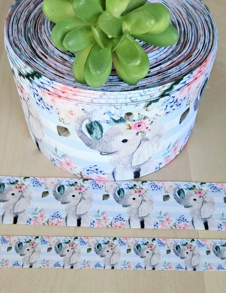 7/8, 1.5 & 3" (1 YD) Elephant Grosgrain Ribbon Pink Flowers Baby Shower Ribbon - Image 1 of 1