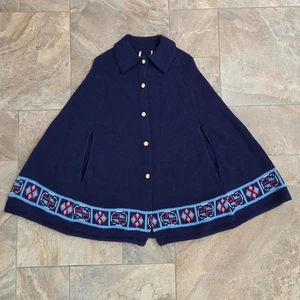 Vintage Knit Cape Blue Gold Button Fair Isle Sweater Coat Cover Up Women - Picture 1 of 7