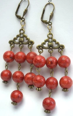 Long coral earrings Ukrainian ethnic boho jewelry Coral earrings with bronze - Image 1 of 4