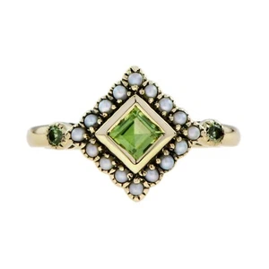 9K Yellow Gold Natural Square Peridot and Pearl Vintage Style Ring - Picture 1 of 8