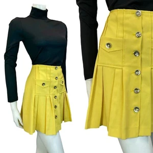 VTG 60S 70S MOD LEMON YELLOW PLEATED POCKETS MINI SKIRT SIZE 10 - Picture 1 of 5