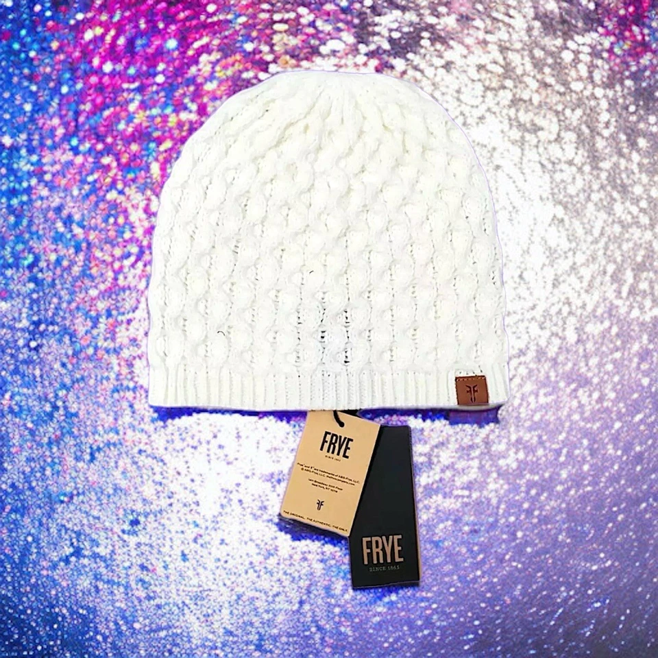Frye Cream Cable Knit Basket Weave Wmn's Beanie Hat One Size Fits Most Logo