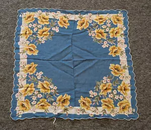 Vintage Blue Handkerchief with Yellow Roses White Border Scalloped Edges - Picture 1 of 13