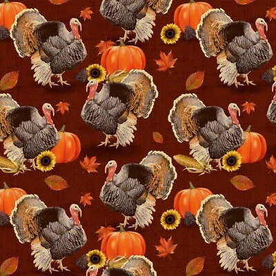 BTY Thanksgiving Turkey Town Burgundy Cotton Fabric By The Yard David Textiles - Image 1 of 2