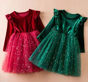 Mädchen Weihnachten Baby Kleid Rot Langarm Rüschen Prinzessin Elegant Kinderkleid - Bild 1 von 15