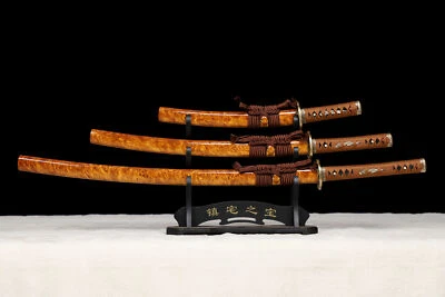 3 Pcs Set Japanese Katana Samurai Sword Wakizashi Tanto L6 Steel Clay Tempered - Image 1 of 4
