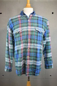 90s Vntg Plaid and Denim button-down large men's 100% Cotton Halifax Outfitters - Picture 1 of 12