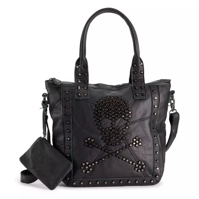 Bolso de Mano Cartera de Cuero Amerileather Calavera Huesos Cruzados Tachonado Cuero Negro 17"x14" Foto 1 de 4