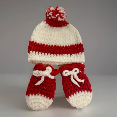 Bebés Niños Niñas Unisex Invierno Pom Pom Crochet Sombrero Mitones 0-6M Foto 1 de 3