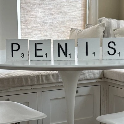 PENIS wooden Scrabble tiles wall art decor 3.5” X 3.5”/handmade & distressed  - Image 1 of 4