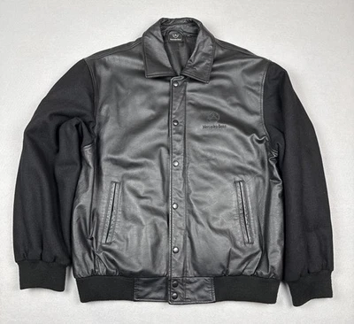 Chaqueta Mercedes Benz Para Hombre Mediana Cuero Negro Lana Bombardero Universitario Cremallera Logo Foto 1 de 4