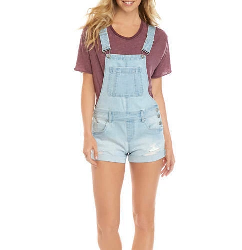 DollHouse Denim Bib Shortalls Overalls Distressed Size 11 Cuffed Shorts Stretchy