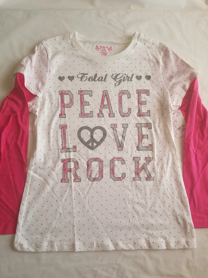 Camiseta TOTAL GIRL Peace Love Rock Junior para meninas manga comprida branca rosa tamanho G/G  - Imagem 1 de 4