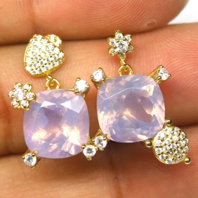 Piedra preciosa 11 x 11 mm. Pendientes de cuarzo y circón lavanda de plata 925 de oro de 18 quilates  Foto 1 de 4