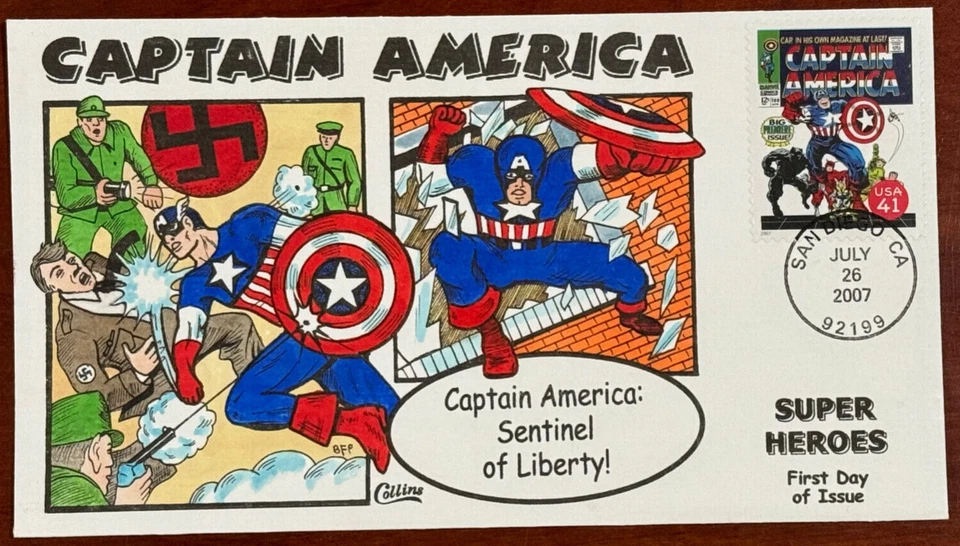 4159o Marvel Comics "CAPTAIN AMERICA" single FDC Collins Hand-Painted. Perfect!! - Image 1 of 1