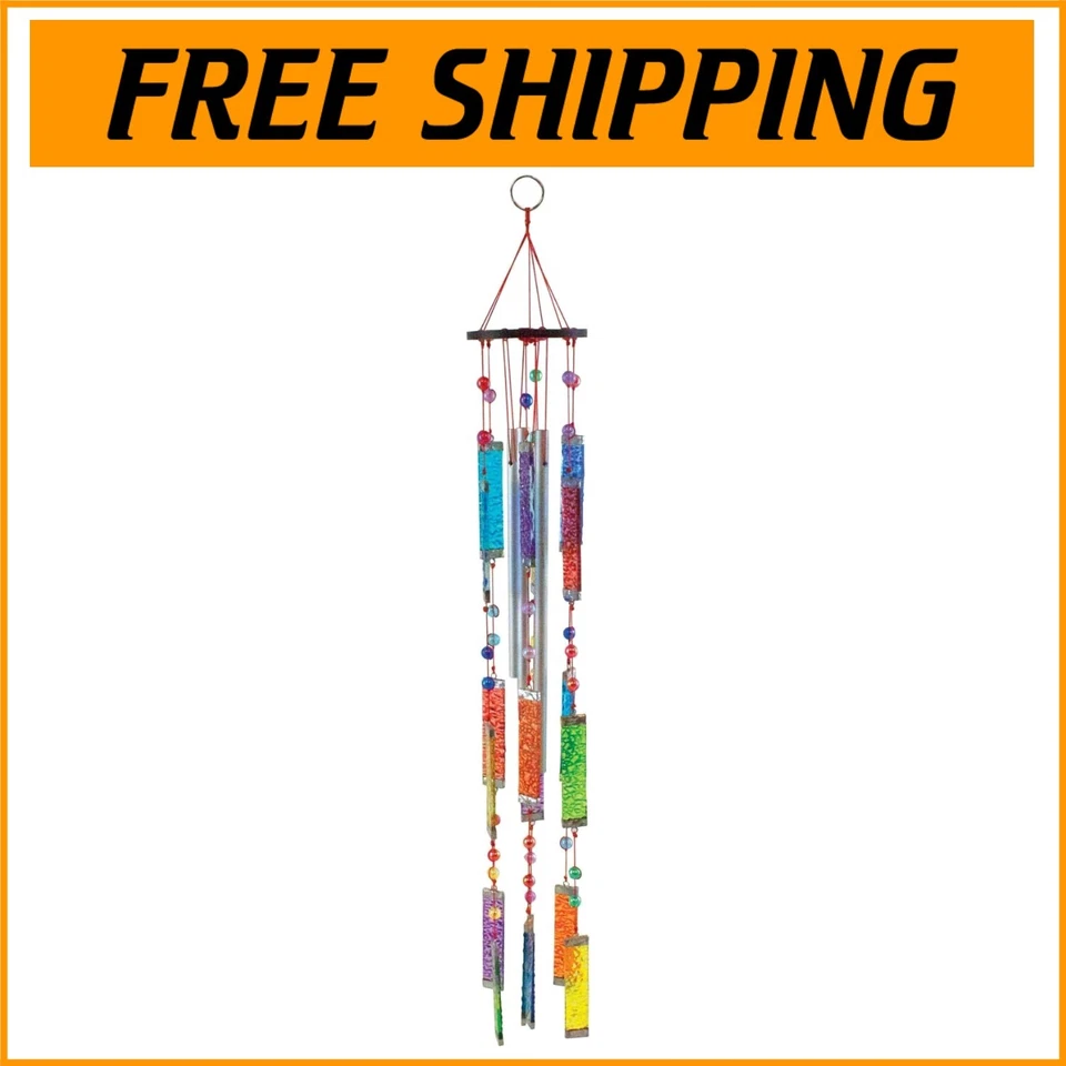 Glass Wind Chimes 20 Inches Rainbow Multi Color Bars With Beads 015888035518