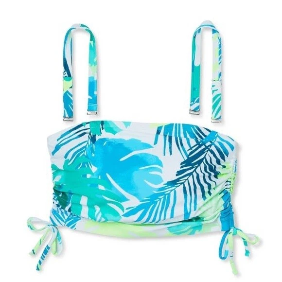 Xhilaration Juniors Longline Side Cinch Bandeau Bikini Top Leaf Print Medium