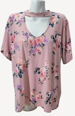 Eye Candy Womens Plus Pink Floral Cutout Neck Short Sleeve Top 3X - Image 1 of 4