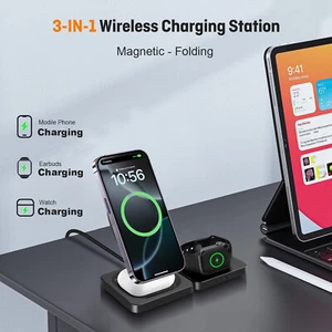 3in1 Foldable Fast Magnetic Wireless Charger For Apple Watch S10/S9 iPhone 16 15 - Picture 1 of 25