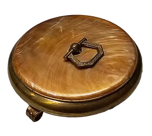 Antique Brass & Celluloid Lid Trinket Box Scrolled Feet Velvet Lined Unique! - Picture 1 of 7