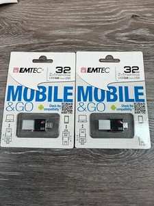2 Pack Lot EMTEC MOBILE 32GB USB 3.0 MICRO 2.0 TWO in ONE FLASH DRIVE - Picture 1 of 4
