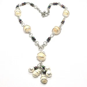 Necklace The Aluminium Long 48 Inch With Seashells Hematite And White Pearls - Picture 1 of 7