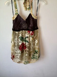 Halter de seda vintage Y2K talla grande top bebé muñeca cuentas florales casa núcleo hada - Imagen 1 de 7