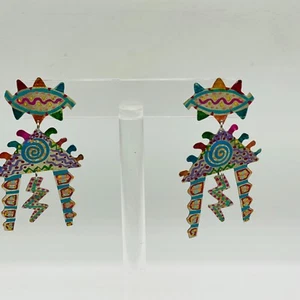 Vintage 80s Jenkins & Keith Earrings Dangling Abstract Colorful Lightweight 2.5" - Picture 1 of 8