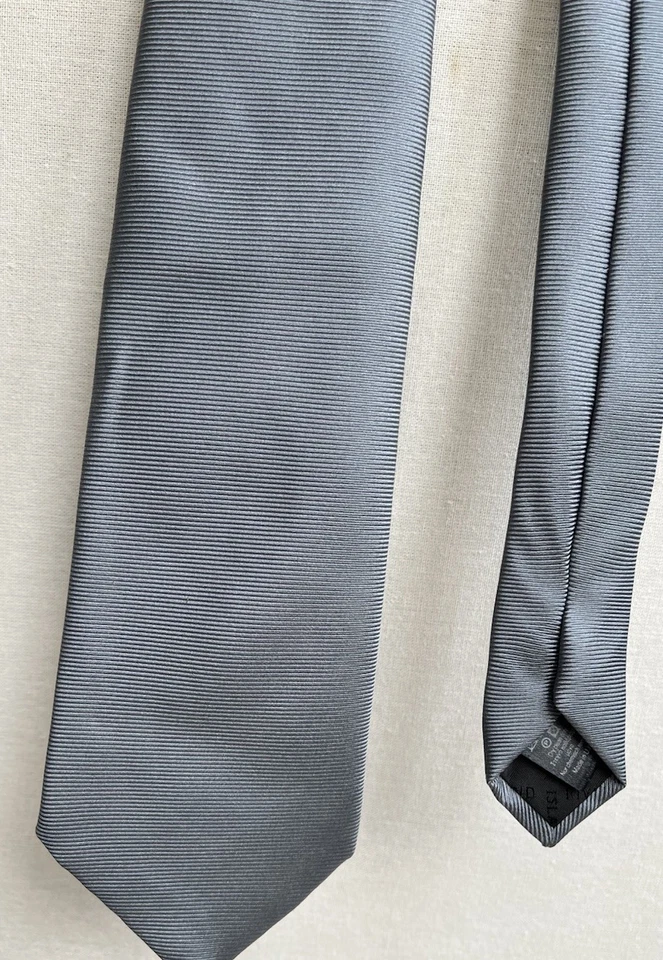Mens River Island Pure Silk Grey Striped Smart Formal Event Tie 3.25" Wide - Image 1 of 4