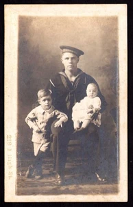 RPPC Postcard RARE Sailor with Children 1910s U.S.S. Denver Studio Photo US Navy - Picture 1 of 2