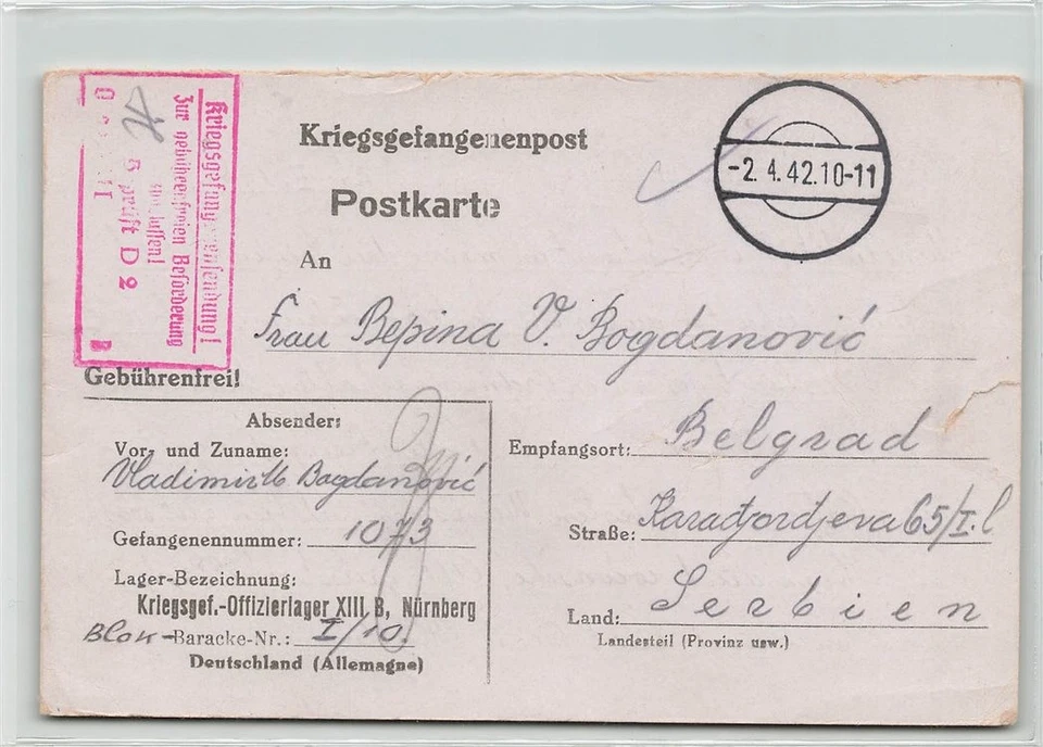 120611) Kriegsgefangenenpost 1942 aus dem Lager Nürnberg mit Zensur n. Belgrad - Bild 1 von 1
