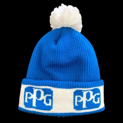 De colección Pinturas PPG Gorro Pom Pom Sombrero de Carreras Invierno Gorra Tejida Azul Años 80 70 Foto 1 de 3