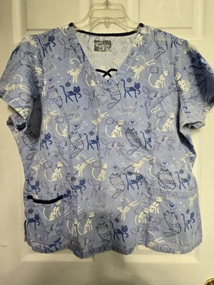 Butter-soft Scrub Top size XL-Blue Playful Cats- Chest 26.5"/L 26.5" - Image 1 of 4