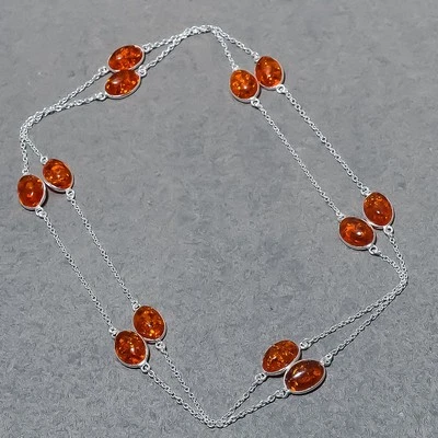 Baltic Amber Oval Shape Gemstone Handmade Ethnic Gift Chain Jewelry Necklace 36" - Image 1 of 4