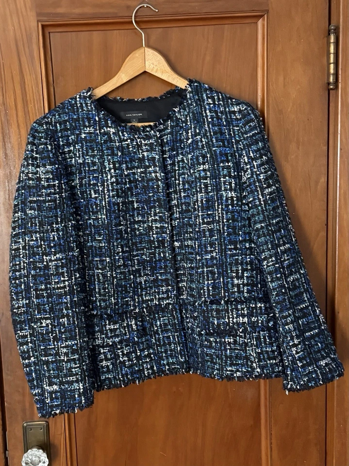 Ann Taylor Blue & Black Tweed Lined Blazer Suit Jacket Career Wear Woman’s 16 - Image 1 of 4