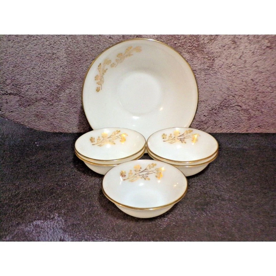 Cuenco para servir de vidrio de leche federal vintage con 5 cuencos de postre prado dorado MCM Foto 1 de 3