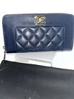 Chanel CC Paris In Rome Wallet Lamb Skin Zip Leather Diamond Quilted Navy Blue