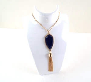 Long Tassel Necklace Gold-Tone w/ Blue Focal Stone Pendant - Picture 1 of 9
