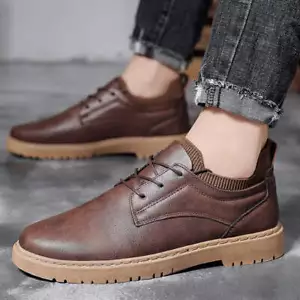 Men's Leather Work Shoes British Autumn Winter Lace-Up Round Toe Low Heel Sewing - Picture 1 of 22