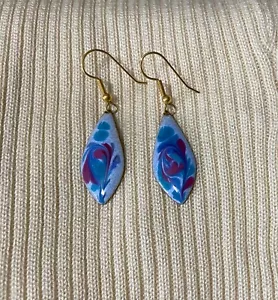 Enamel on Copper Long Teardrop DANGLE EARRINGS - TURQUOISE/FUSCHIA COLORS-INGA - Picture 1 of 3