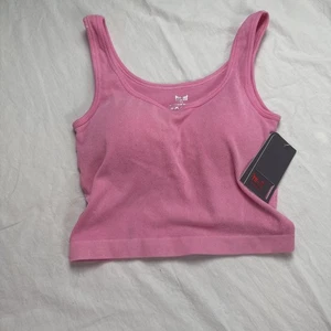 Pro-Fit nahtloses rosa geripptes sportliches Crop Top mit integriertem BH "lesen" - Bild 1 von 14