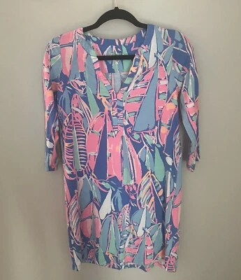 Lilly Pulitzer Dress Womens XS Pink Blue 3/4 Sleeve Mini Casual Ali Out to Sea  - Image 1 of 4