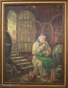 Pintura al óleo vintage de monje en bodega firmada, hermosa y dañada - Imagen 1 de 11