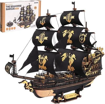 ROBOTIME 3D Wooden Puzzle The Seahorse Barque Ship Model Building Toys DIY Gift - Image 1 of 4