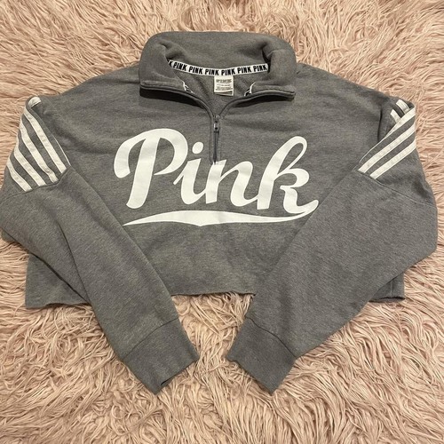UNDERCOVER Felpa con cappuccio Victoria’s Secret ROSA grigia e bianca quarto zip cropped