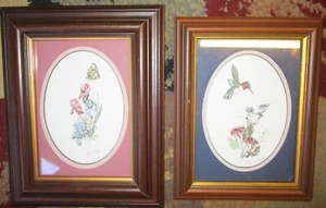 2 Small Framed Jan Mintz Originals Watercolor & Ink Flowers Bird Butterfly - Picture 1 of 6