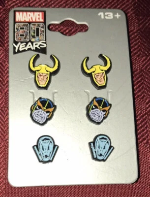 Marvel 80 Years Avengers Stud Earrings Loki Thanos New - Image 1 of 3