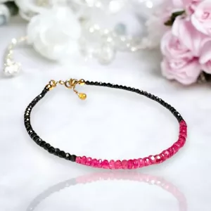 Natural Black Spinel and Pink Mogok Ruby Bracelet in Solid 14K Yellow Gold - Picture 1 of 5